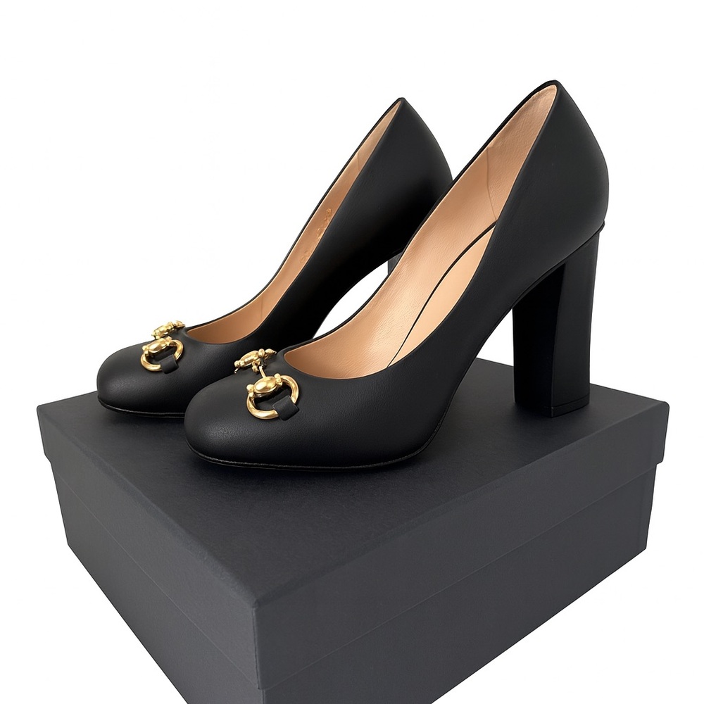 GUCCI Black Miro Soft Horsebit Pumps Block Heel Square Toe Womens EU 37 US 7
